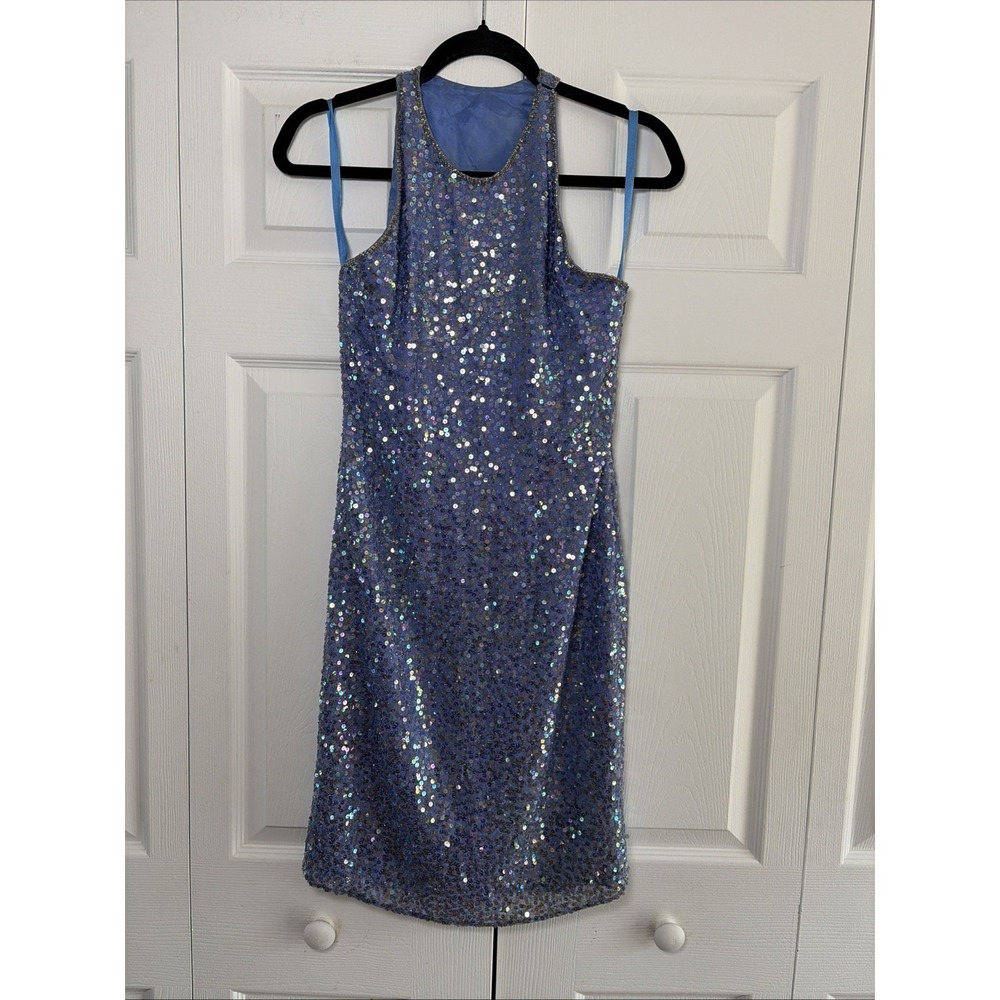 Lillie Rubin Sequin Silk Cocktail Dress Womens 4 Blue Y2K Vintage Glam Sparkle